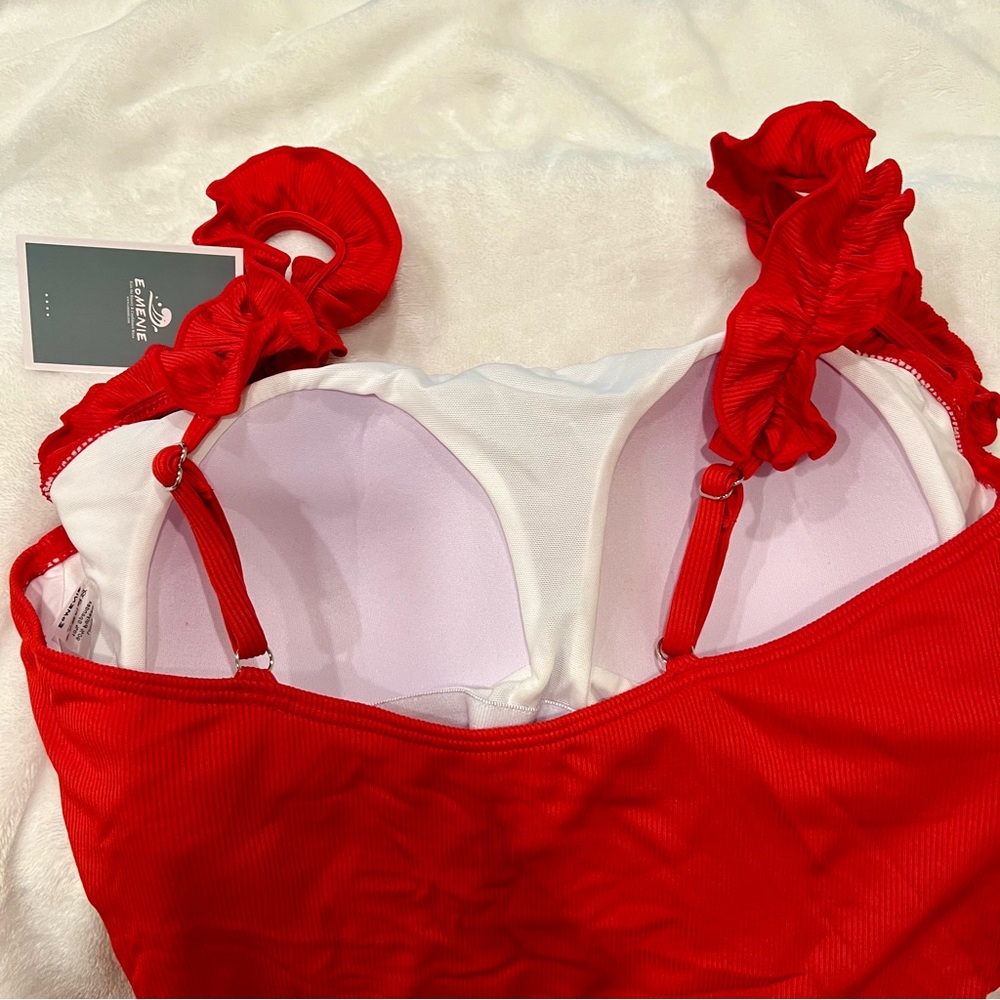 Tummy Control Square Neck Red Ribbed Swimsuit Adjustable ruffle strap ❤️ - Picture 6 of 9